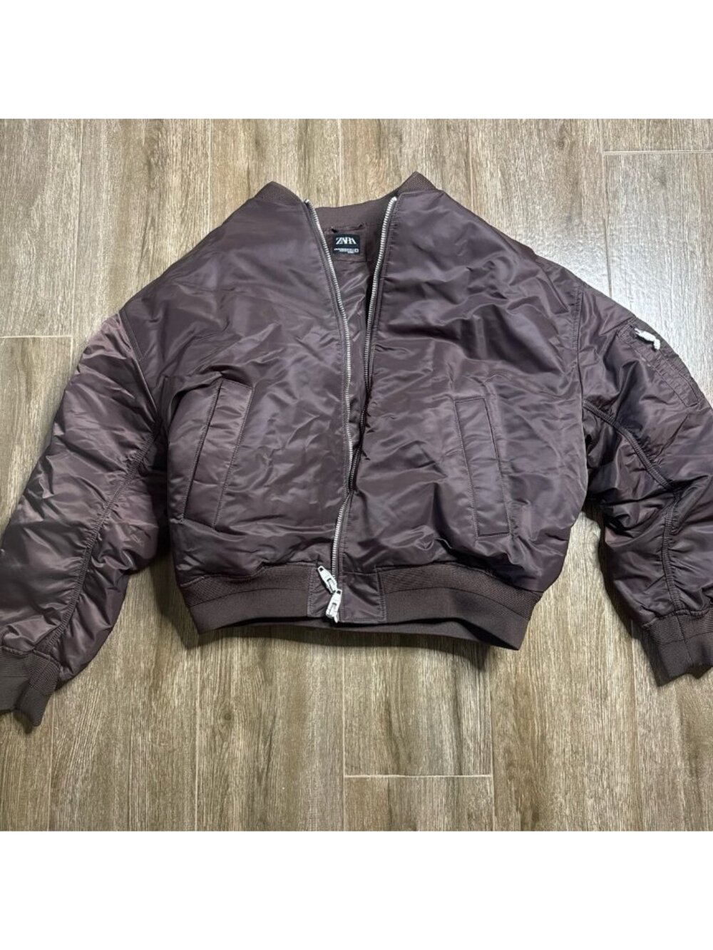 Zara DNWR Brown Bomber Puffer Jacket Silver Zip XL